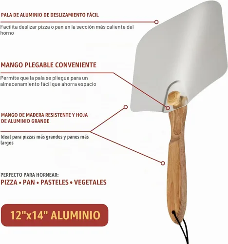 Vista 2 de Old Stone Pizza Kitchen - Pala de aluminio para pizza con mango de madera plegable, 12 x 14 pulgadas