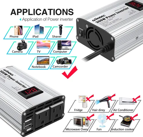 Vista 4 de Inversor de corriente de 300 W DC 12 V a 110 V AC inversor de coche con adaptador de coche USB dual 4.8A con pantalla LED