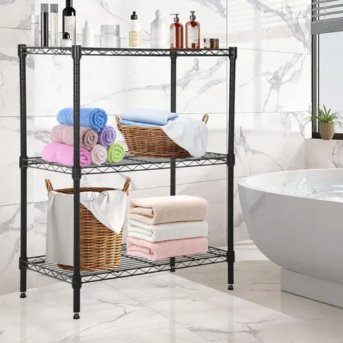 Vista 2 de Estantería de alambre ajustable de 3 niveles, estantes de metal con patas niveladoras, estante de almacenamiento para armario, cocina, baño, estante