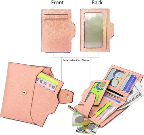 Vista 3 de AINIMOER - Cartera de piel con bloqueo RFID para mujer, tamaño pequeño, compacta, doble zíper, con ventana para identificación