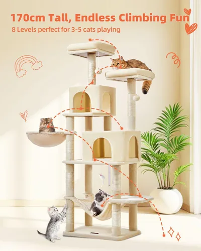 Vista 3 de Taoqimiao Árbol para gatos, torre para gatos de 66.2 pulgadas para gatos de interior, condominio para gatos de varios niveles de felpa con 7 postes