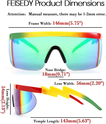 Vista 5 de FEISEDY De Gran Tamaño Espejo Escudo Deporte 80s Gafas De Esquí Gafas De Esquí Parte Superior Plana De Una Pieza Visera Futurista Mujeres Hombres