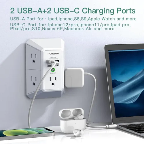 Vista 3 de Regleta de alimentación de 5 tomas con 4 puertos USB, protector de sobretensiones para el hogar, oficina, escuela, certificación ETL