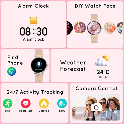 Vista 9 de AMOLED - Reloj inteligente para mujer con pantalla pequeña de 1.19 pulgadas para teléfonos iPhone / Android con llamada Bluetooth, frecuencia