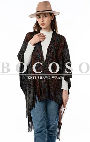 Vista 2 de BOCOSO Women's Knit Shawl Wraps, Knitted Poncho Cape Open Front Cardigan Sweater with Tassel for Spring Fall Winter