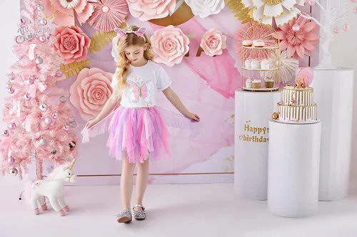 Vista 6 de DXTON Falda de tul con flores arcoíris para niñas, tutú para niñas