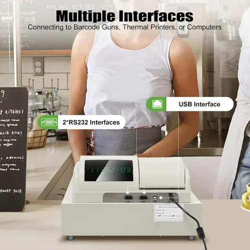 Vista 6 de Caja registradora electrónica con sistema POS, 48 teclas con teclado plano e impresora térmica, caja registradora multifuncional, caja registradora