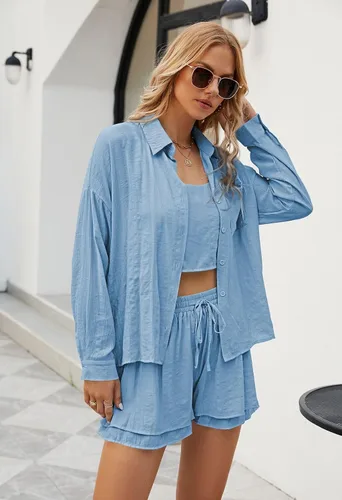 Vista 6 de Fixmatti Conjunto de 3 piezas de verano para mujer, camisa de manga larga con botones, top halter y pantalones cortos