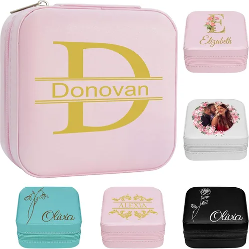 Vista 12 de Joyero personalizado para regalos de dama de honor, flor de nacimiento, inicial, joyería de viaje personalizada para mujeres, organizador de joyas