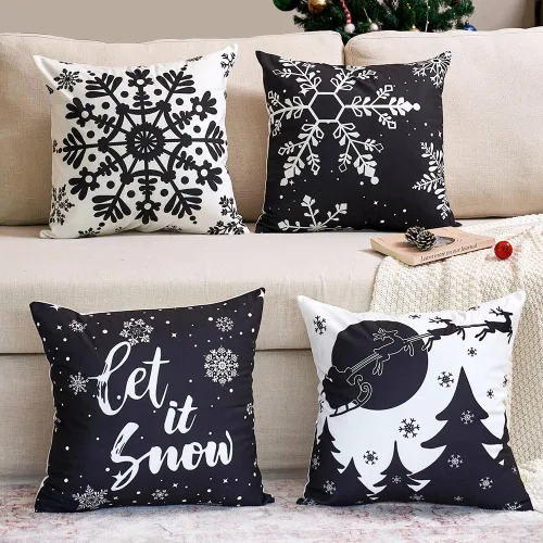 Vista 4 de JOJOGOGO Fundas de almohada de Navidad en blanco y negro 18x18, juego de 4, fundas de almohada decorativas de invierno con copos de nieve para sofá
