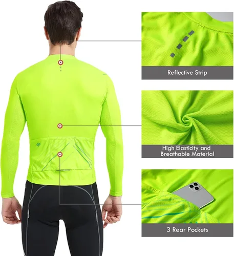 Vista 22 de Santic - Camiseta de ciclismo para hombre, manga larga, reflejante, cremallera completa, con bolsillos
