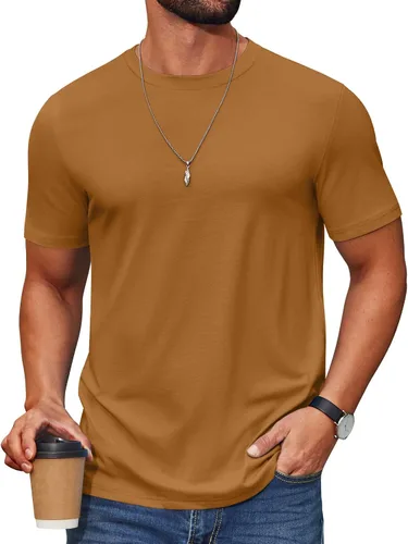 Vista 19 de COOFANDY Camiseta de manga corta para hombre, de mezcla de algodón, cuello redondo, informal, para verano, básica Verde militar