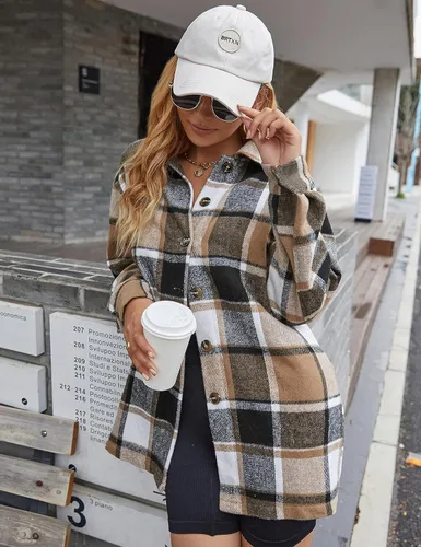 Vista 8 de Yeokou - Chaqueta de franela a cuadros con botones para mujer, para el otoño, bloque