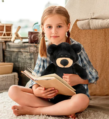 Vista 7 de DolliBu Oso negro de peluche, oso negro suave y abrazable, adorable juguete de peluche de oso para jugar, lindo regalo de vida salvaje para niños