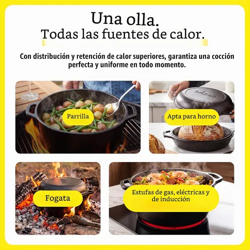 Vista 4 de Horno holandés doble y cacerola con cubierta que se puede usar como sartén. Producto Lodge L8DD3 de 5 cuartos, Cast Iron Horno holandés de hierro