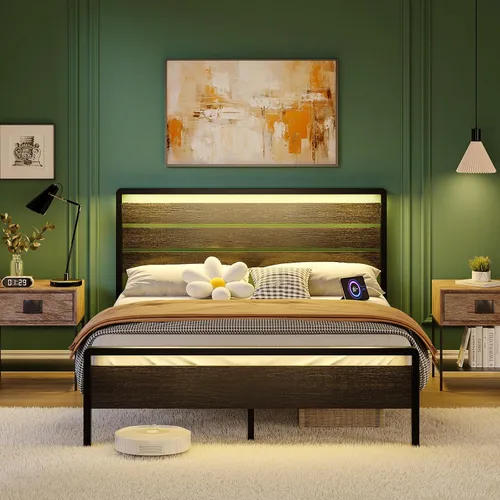 Vista 9 de VINGLI Base de cama de plataforma completa con espacio de almacenamiento debajo de la cama de 12 pulgadas, cabecero y estribo LED RGB, 2 puertos