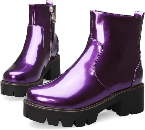 Vista 3 de Botines elegantes de moda para mujer, de charol con punta redonda, con cremallera, tacón medio grueso