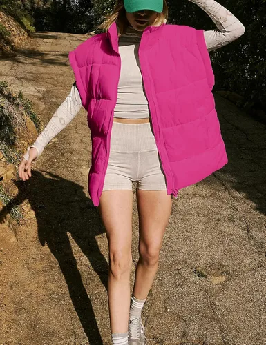 Vista 4 de APAFES Chaleco acolchado de invierno para mujer, ligero, cuello alto, manga corta, acolchado, con bolsillos