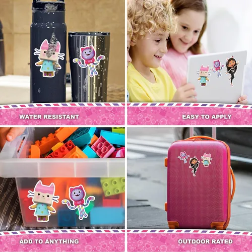Vista 2 de DreamWorks Gabby's Dollhouse - Juego de 3 calcomanías de vinilo para botella de agua, bicicleta, casco, laptop, monopatín, coche, vinilo resistente