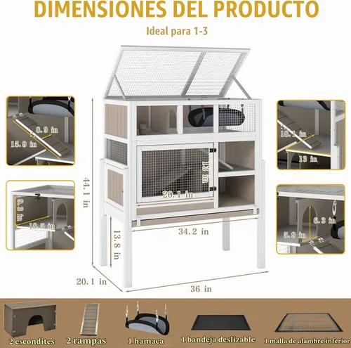 Vista 4 de Jaula grande de madera para conejillos de indias de 3 niveles con soporte Para 2-4 conejillos de indias, rampa antimasticación, bandeja extraíble