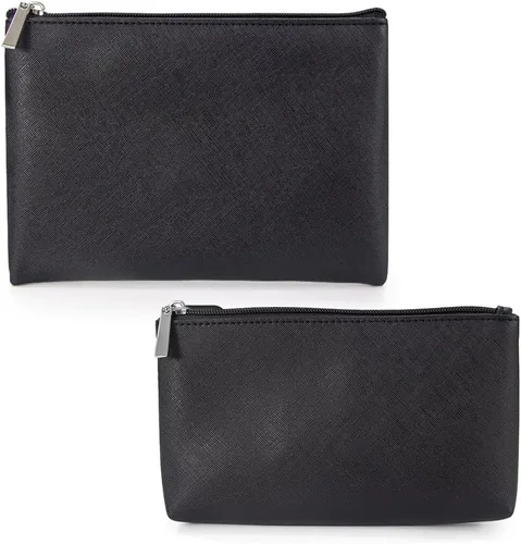 Vista 15 de Juego de 2 bolsas de maquillaje, pequeña bolsa de maquillaje con cremallera, bolsa de cosméticos portátil para viajes, bolsa de belleza de piel Negro