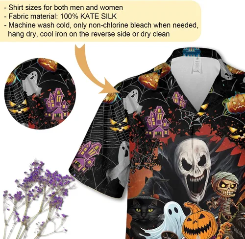 Vista 4 de Camisas hawaianas góticas para hombre, juego de camisas hawaianas con botones de terror para Halloween, 58 Halloween_31