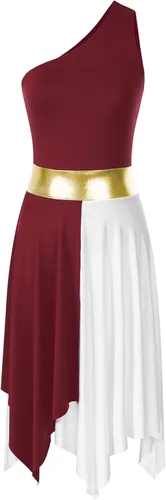 Vista 25 de Vestido de mujer de alabanza litúrgica con bloques de color, sin mangas, con dobladillo irregular, de estilo lírico para danza Borgoña