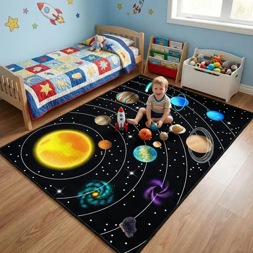 Vista 14 de Alfombra espacial para habitación de niños, alfombra de galaxia para niños, alfombras espaciales para dormitorio de niños, decoración