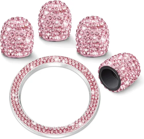 Vista 14 de WINKA 4 tapones para válvula de neumático de automóvil con diamantes de imitación, 1 cubierta de botón de motor de automóvil, anillo de encendido