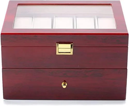 Vista 4 de Caja de madera con 20 ranuras para hombres y mujeres, caja de colección superior de cristal, organizador de almacenamiento de relojes, regalos
