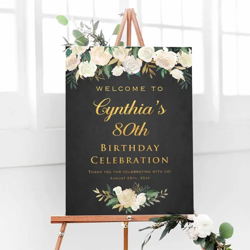 Vista 9 de Cartel de bienvenida de celebración de cumpleaños con purpurina dorada impresa (no lámina real), letrero decorativo personalizado para fiesta
