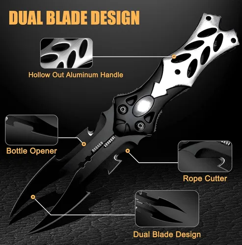 Vista 4 de MADSABRE Cuchillo de bolsillo de doble hoja genial de 8.5", cuchillo plegable de camping con clip y mango de aluminio, herramientas de supervivencia