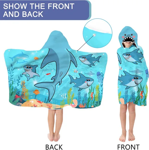 Vista 4 de Bonsai Tree Toalla de playa con capucha de tiburón para niños, toalla de baño con capucha de peces marinos frescos para niños, divertidos animales