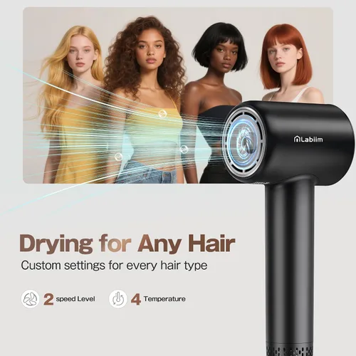 Vista 4 de Labiim Secador de pelo, secador iónico de alta velocidad con motor sin escobillas de 110,000 RPM para secado rápido, frizz de iones de 656.2 ft