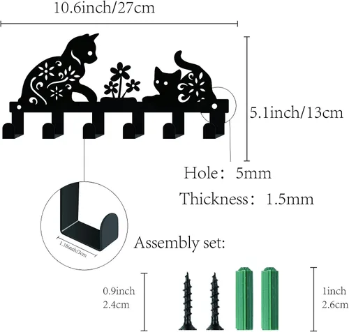 Vista 2 de CREATCABIN Soporte de metal para llaves, ganchos negros para colgar en la pared, organizador colgante decorativo con 6 ganchos, patrón de gato