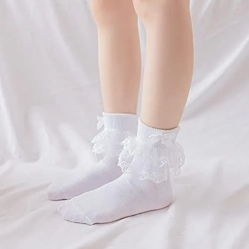 Vista 3 de 2 pares de calcetines de primera comunión con perlas de lazo blanco con volantes para bautizo, calcetines de bautismo con capas de encaje para bebé