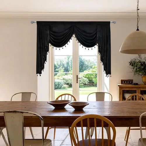 Vista 13 de Cenefa de terciopelo negro para sala de estar, cenefas de cascada de lujo para ventanas, cenefa de cuentas con borlas para cocina, cenefa