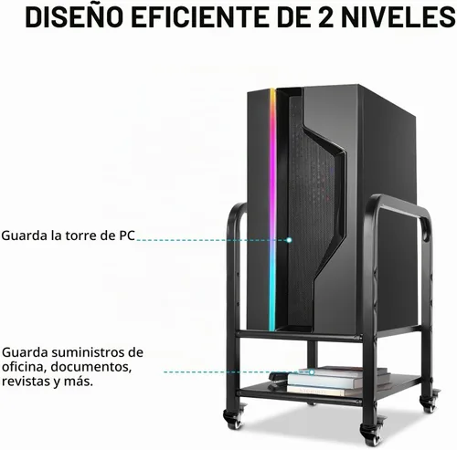 Vista 5 de Soporte de torre para computadora, soporte de piso de PC de altura ajustable de 2 niveles para torre pequeña/media, carrito de metal completo