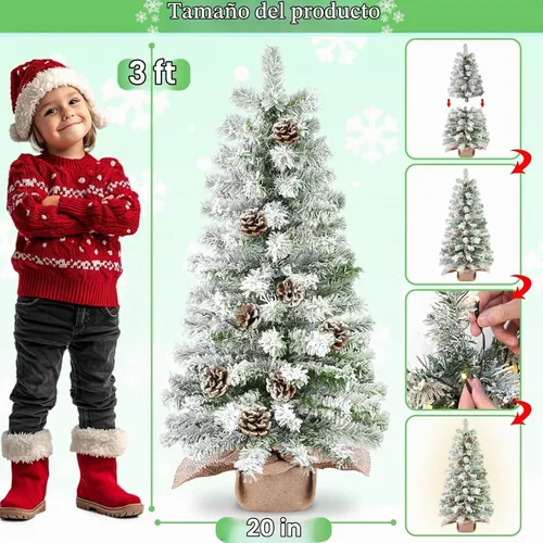 Vista 3 de Timer - 3FT Artificial Mini Christmas Tree, Flocked Tabletop Christmas Tree 50 luces LED blancas cálidas que funcionan con pilas, 108 ramas flocadas