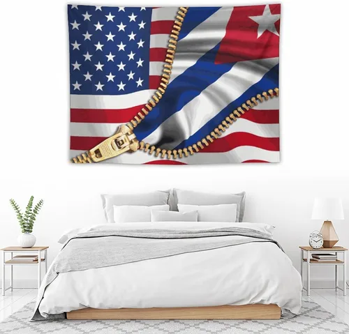 Vista 5 de Tapiz de bandera estadounidense y bandera cubana para dormitorio, tapices negros para colgar en la pared, manta para hombres y mujeres, fiesta