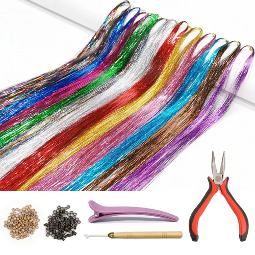 Vista 7 de Kit de extensión de cabello con herramientas e instrucciones, fácil de usar, 1000 mechones, 47 pulgadas, extensiones de cabello con purpurina Fairy