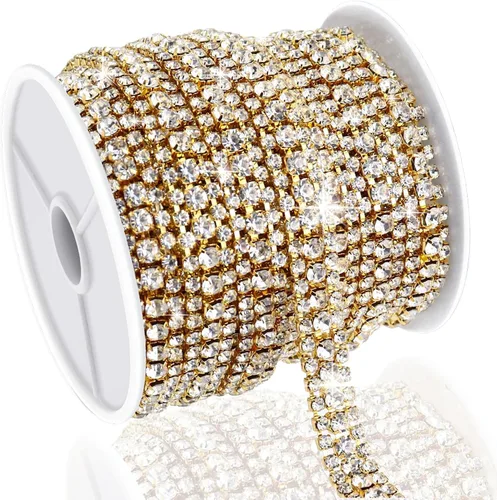 Vista 25 de Cadena de diamantes de imitación de 3 yardas con 3 filas para manualidades, cadena de cierre de diamantes de imitación plateada para hacer joyas