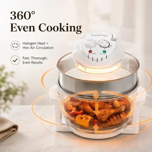Vista 4 de Freidora de aire de vidrio grande de 18 cuartos – Cocina de circulación halógena y de aire caliente visible en 360°, 1200–1400 W, control preciso