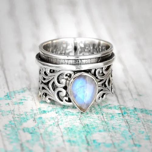Vista 6 de Boho-Magic Anillo giratorio de piedra lunar para mujer, plata de ley 925