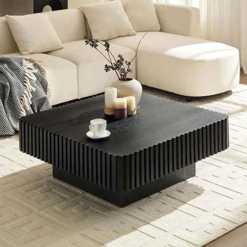 Vista 8 de Mesa de Centro Cuadrada de 35.43'' para Sala de Estar Mesa de Centro Acanalada Mesa Central Moderna con Pedestal para Apartamento Negro