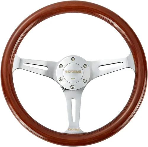 Vista 2 de Volante universal Kyostar de 14 pulgadas, estilo clásico y de nostalgia, de grano de madera, color plateado, con botón de bocina