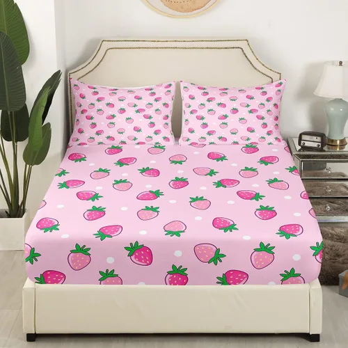 Vista 3 de Erosebridal Juego de sábanas de fresa, tamaño individual, diseño de fresa rosa para niñas y niños, sábana bajera ajustable de frutas tropicales