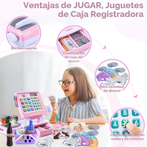 Vista 5 de PLAY Caja registradora de juguete para niños - Juguetes de simulación de calculadora con micrófono/transportadores/dinero de juguete/escaner/tarjeta