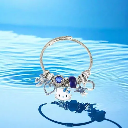 Vista 6 de ToamE Pulsera azul con texto en inglés "Star Moon Hello KITTY, accesorio Kawaii", pulsera ajustable de acero inoxidable, regalo de cumpleaños