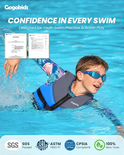Vista 2 de Gogokids Toddler Swim Vest Pool Floaties for Kids 1-2-3-5-6-9-12 Yrs, Neoprene Swimming Jacket w/Adjustable Strap & Zip, Kids Pool Float Jacket
